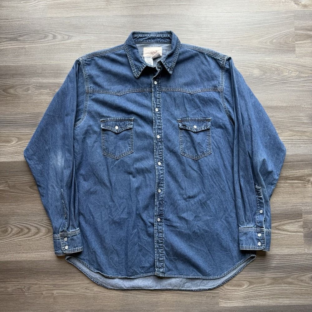 Schaefer Outfitter Denim Pearl Snap Western Button Down‎ Work Shirt Blue XXL